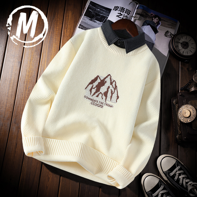 假两件套带领毛衣男衬衫领针织衫韩版潮流保暖撞色内搭加厚线衣服