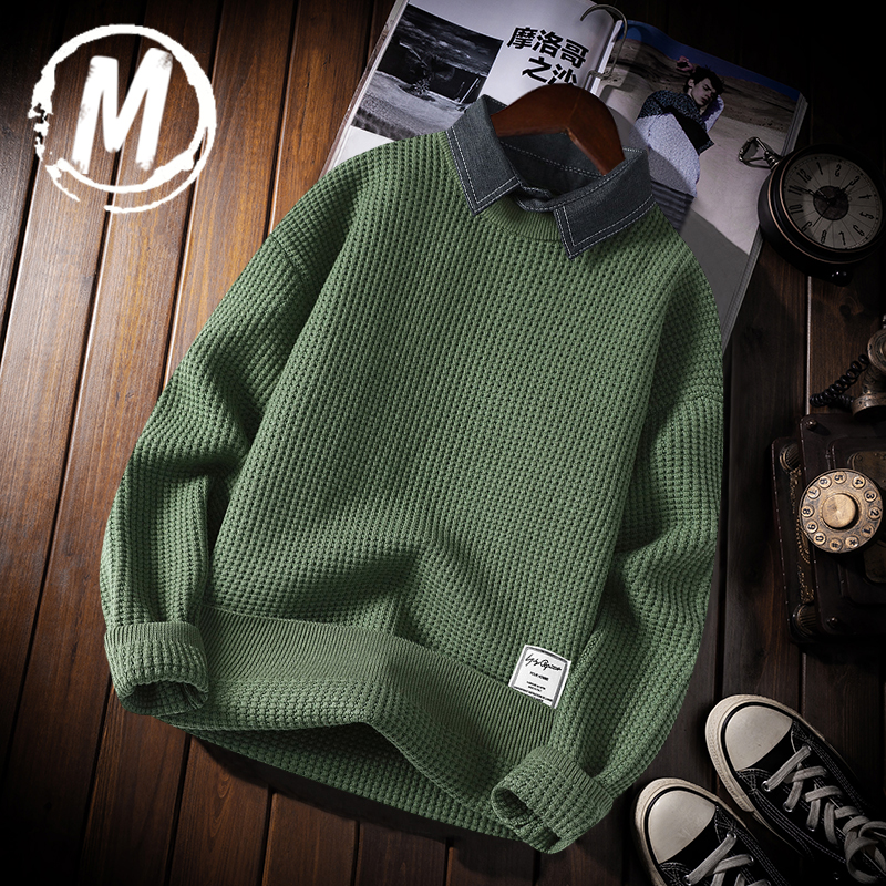 秋冬带领假两件针织衫男长袖休闲衬衫领毛衣轻商务百搭纯色上衣男