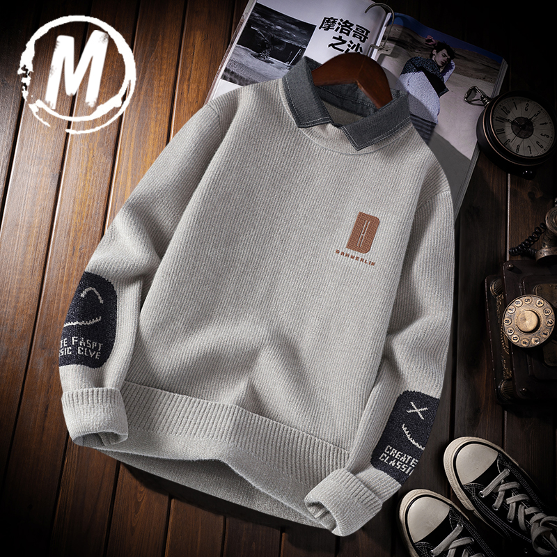 秋冬季新款假两件衬衫领毛衣男士加厚带领针织打底衫假领保暖上衣