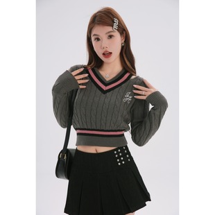 【先用后付】新款学院风春夏V领长袖纯棉绞花针织毛衣时尚辣妹女