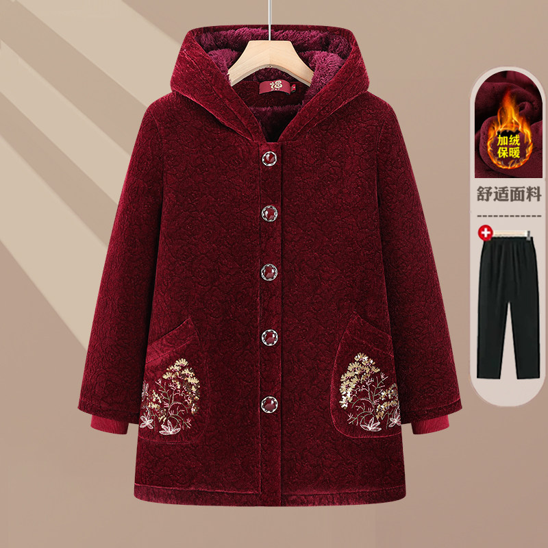 冬季连帽加绒洋气妈妈棉服