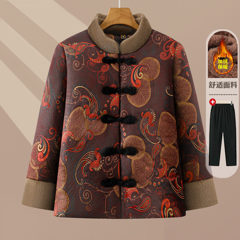 冬季中老年妈妈加绒立领盘扣棉服