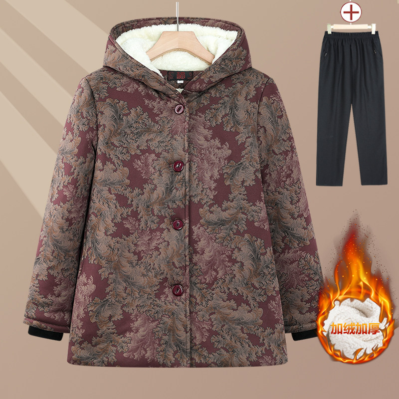 冬季连帽加绒加厚保暖棉服奶奶装