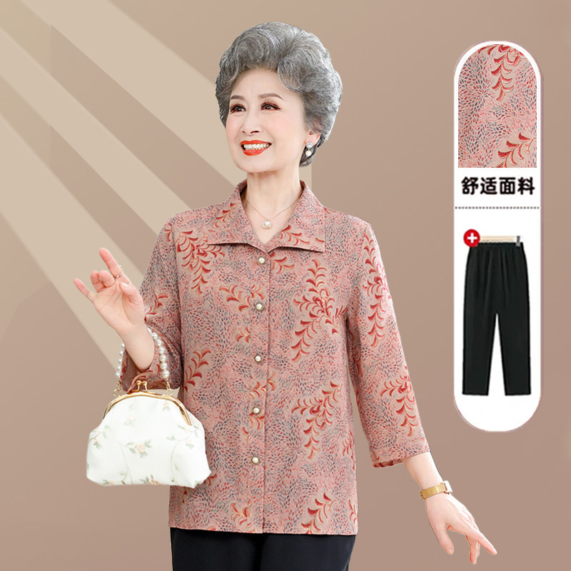 妈妈装七分袖翻领印花衬衫