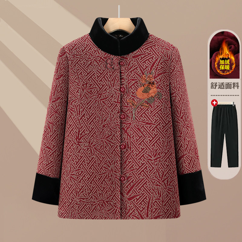 奶奶秋冬加绒外套60岁70老年人妈妈仿貂绒冬装女加厚老人衣服大衣
