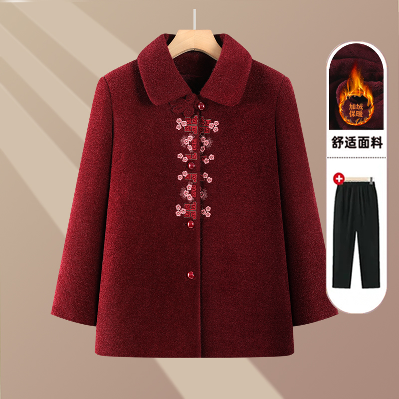 奶奶装秋冬毛呢外套刺绣中老年人女装新款呢子夹克上衣喜庆妈妈装