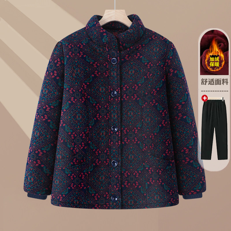 中老年女立领加厚保暖花布棉服