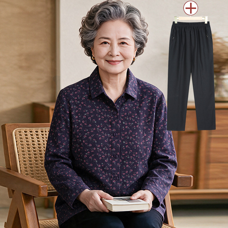 奶奶春秋季纯棉衬衫翻领