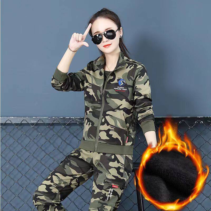 加绒加厚女装抖音绿迷彩服套装女