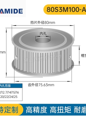 S3M80齿 两面平同步轮 槽宽11 AF型 同步皮带轮80S3M100-A-P8-25