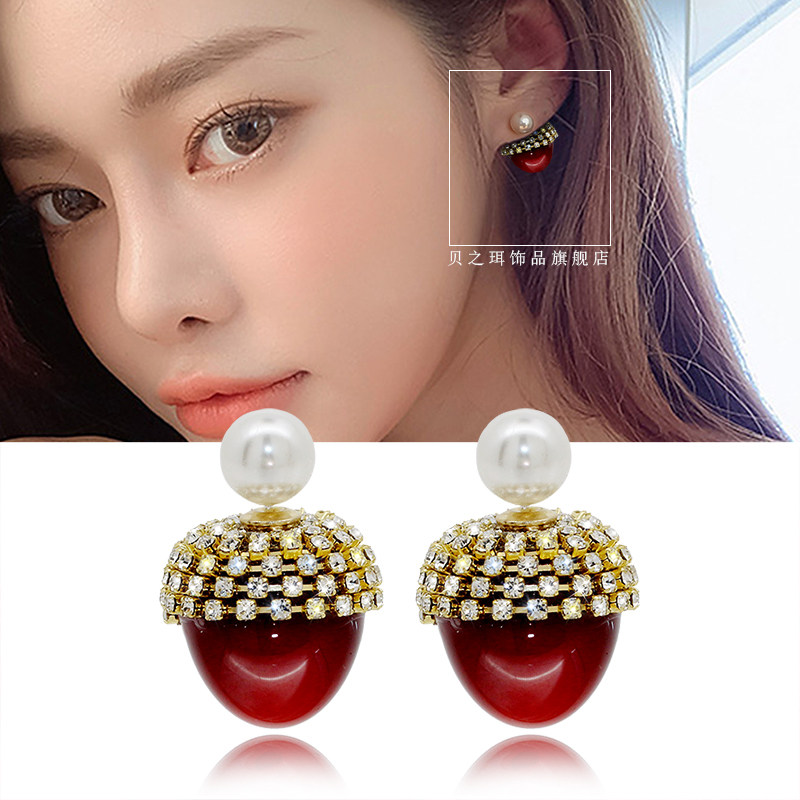 韩版车厘子人造锆石仿珍珠松果耳环 925银针时尚气质前后戴耳钉