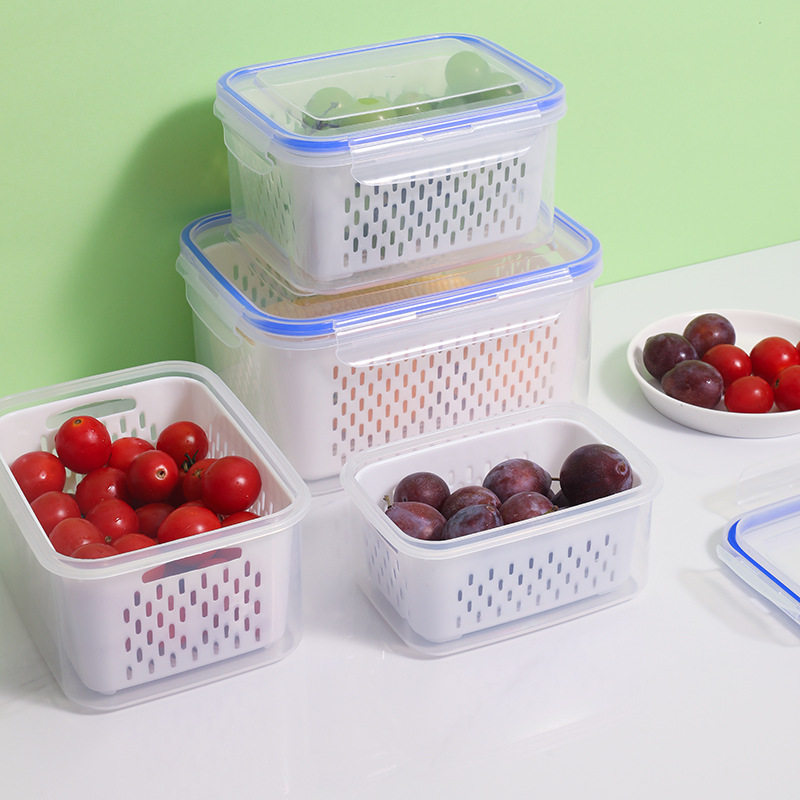双层沥水冰箱收纳盒保鲜盒家用透明塑料储物盒大中小号批发