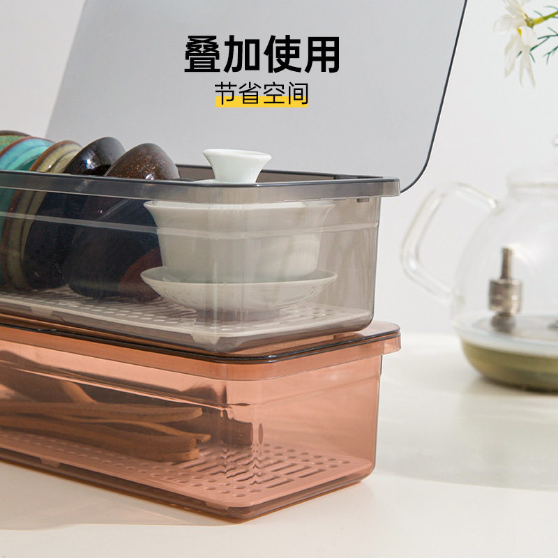 桌面多功能防尘茶具收纳盒 透明塑料筷子笼 双层沥水勺子餐具整理