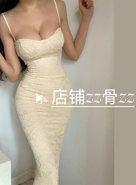 ZZ骨ZZ新款法式优雅御姐风气质女人味显胸蕾丝包臀性感吊带裙长裙