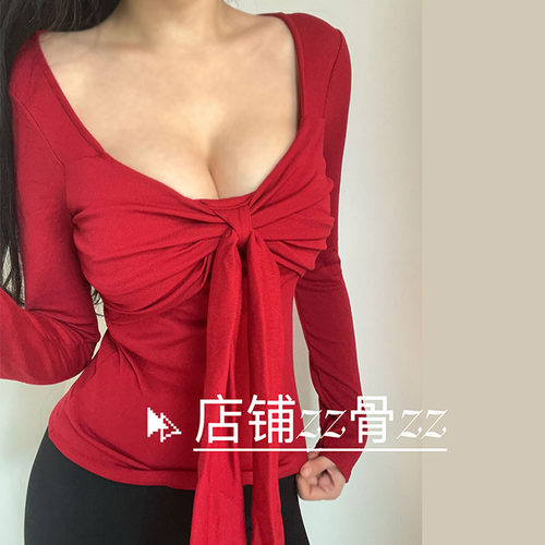 ZZ骨ZZ 秋冬新款法式优雅纯欲风女人味褶皱扭结修身弹力长袖T恤
