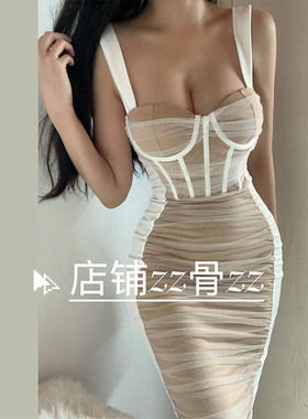 ZZ骨ZZ新款法式复古优雅女人味网纱拼接收腰褶皱显瘦包臀裙连衣裙