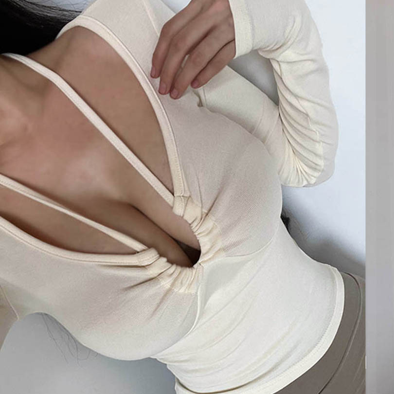 ZZ骨ZZ 秋冬法式复古健身瑜伽挂脖低胸绑带抽皱百搭短款长袖T恤