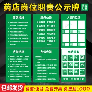 药店药房岗位职责公示牌便民措施免费服务公约殿堂纪律人员岗位牌