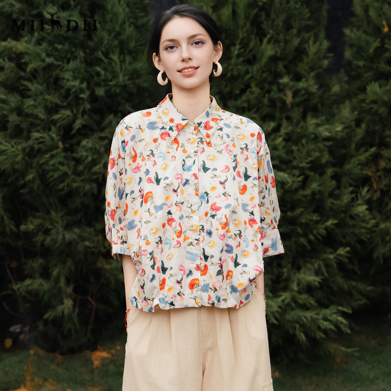 谜底花色衬衫女25夏下摆可收缩衬衣256MC6202