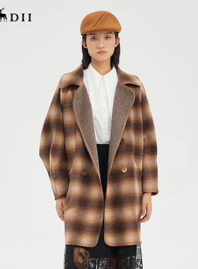 谜底复古格纹中长款羊毛呢大衣外套女229MD6197
