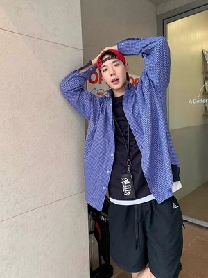 美式复古蓝色格子短袖衬衫男外套