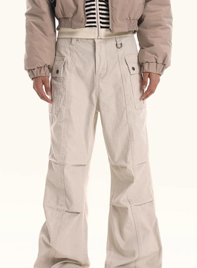 美式街头复古灰色直筒微喇工装裤男女春秋季宽松痞帅褶皱休闲裤子