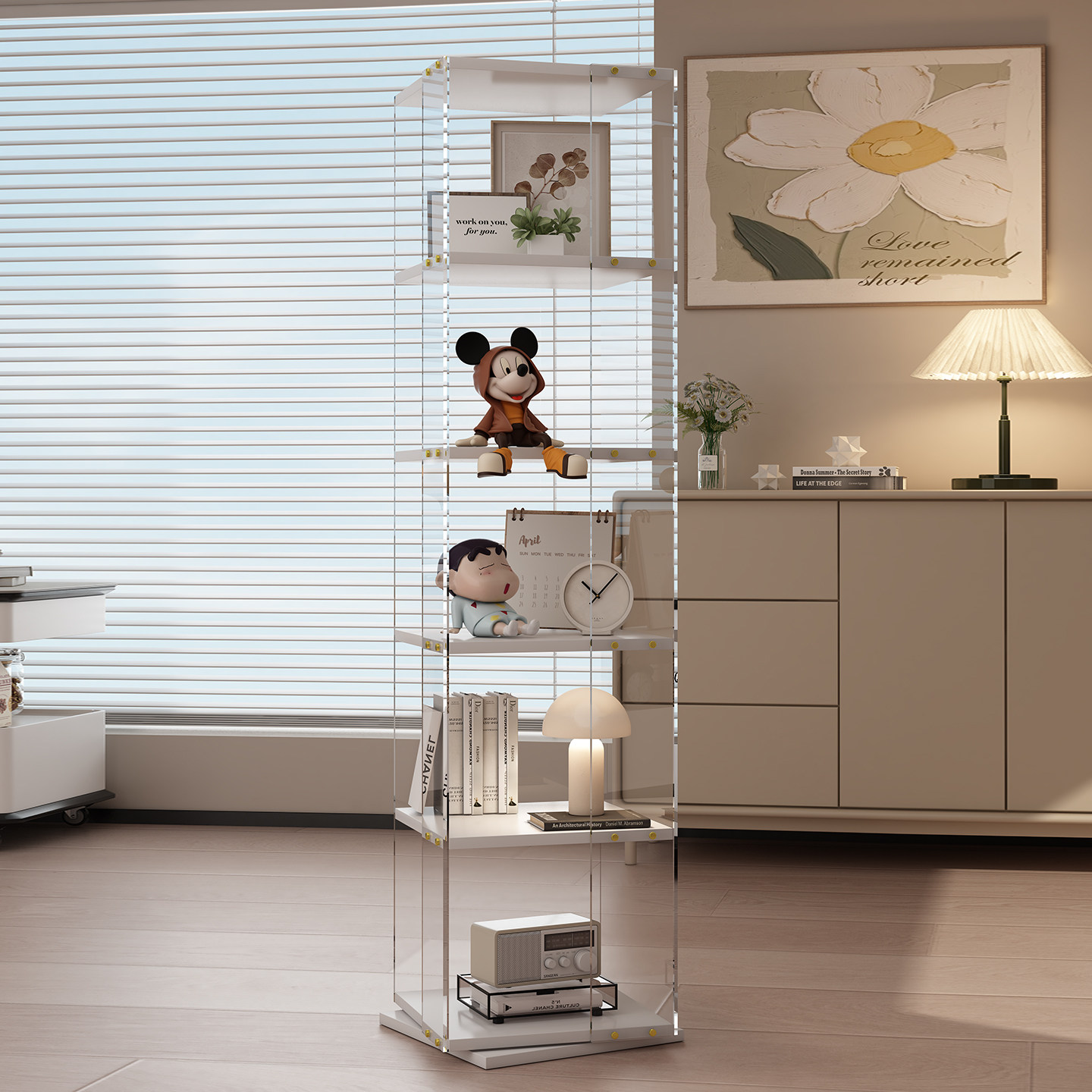 亚克力旋转落地置物书架一体靠墙可移动手办展示柜实木转角展示柜