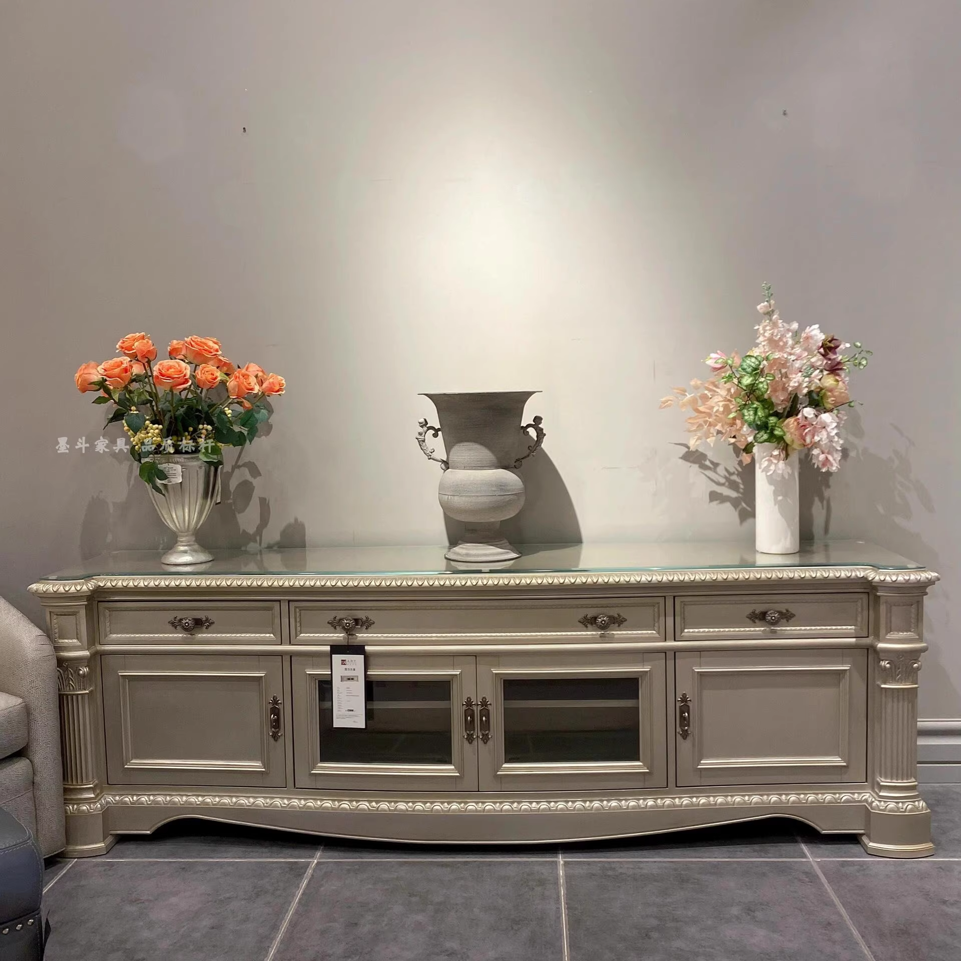美式art家具克图尔乐章电视柜轻奢欧式实木雕刻罗马柱视听地柜