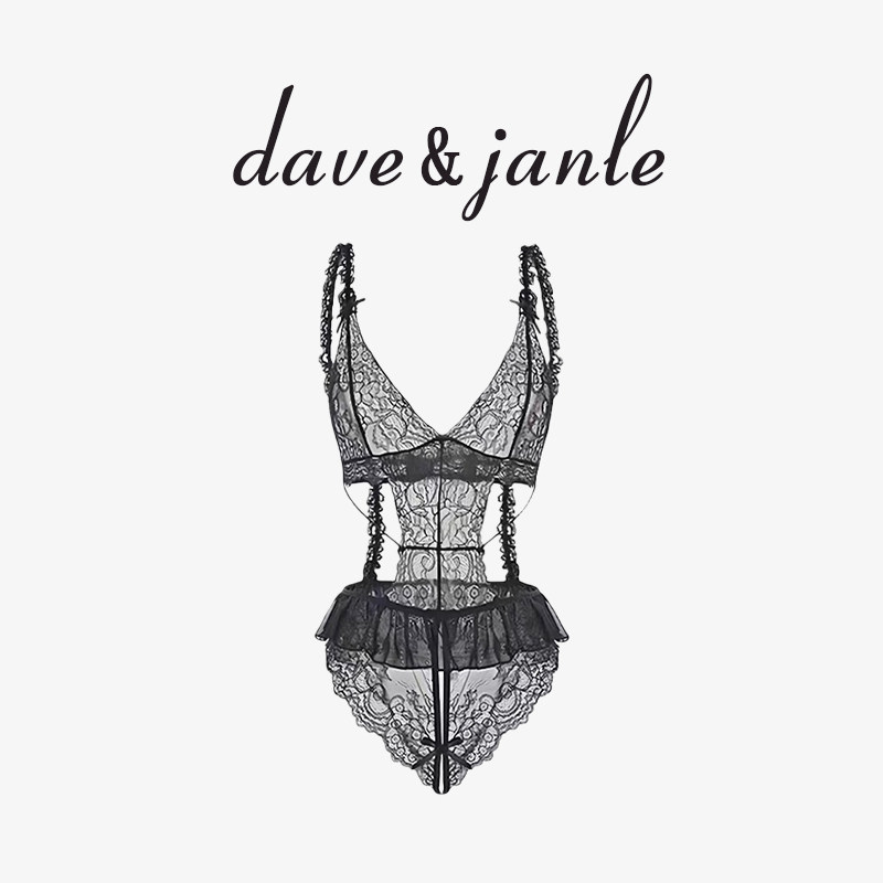 英国 Dave&Janle 性感蕾丝连体衣睡裙露背透视黑丝纯欲睡衣礼盒装