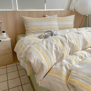 无印风床品全棉四件套纯棉轻奢高级感床笠款 三件套色织宿舍被套