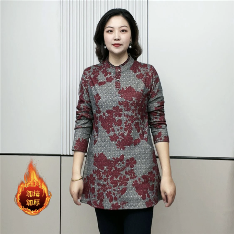 时尚妈妈装2024秋冬新款加绒加厚保暖长袖打底衫中长款显瘦上衣女