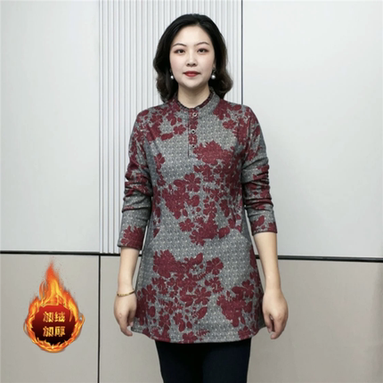 时尚妈妈装2024秋冬新款加绒加厚保暖长袖打底衫中长款显瘦上衣女