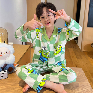 儿童睡衣男童春秋纯棉长袖卡通三眼仔薄款翻领家居青少年套装大童