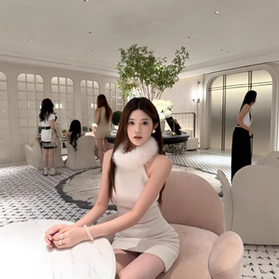 春秋氛围感毛领挂脖无袖连衣裙女名媛风修身显瘦短款气质小礼裙