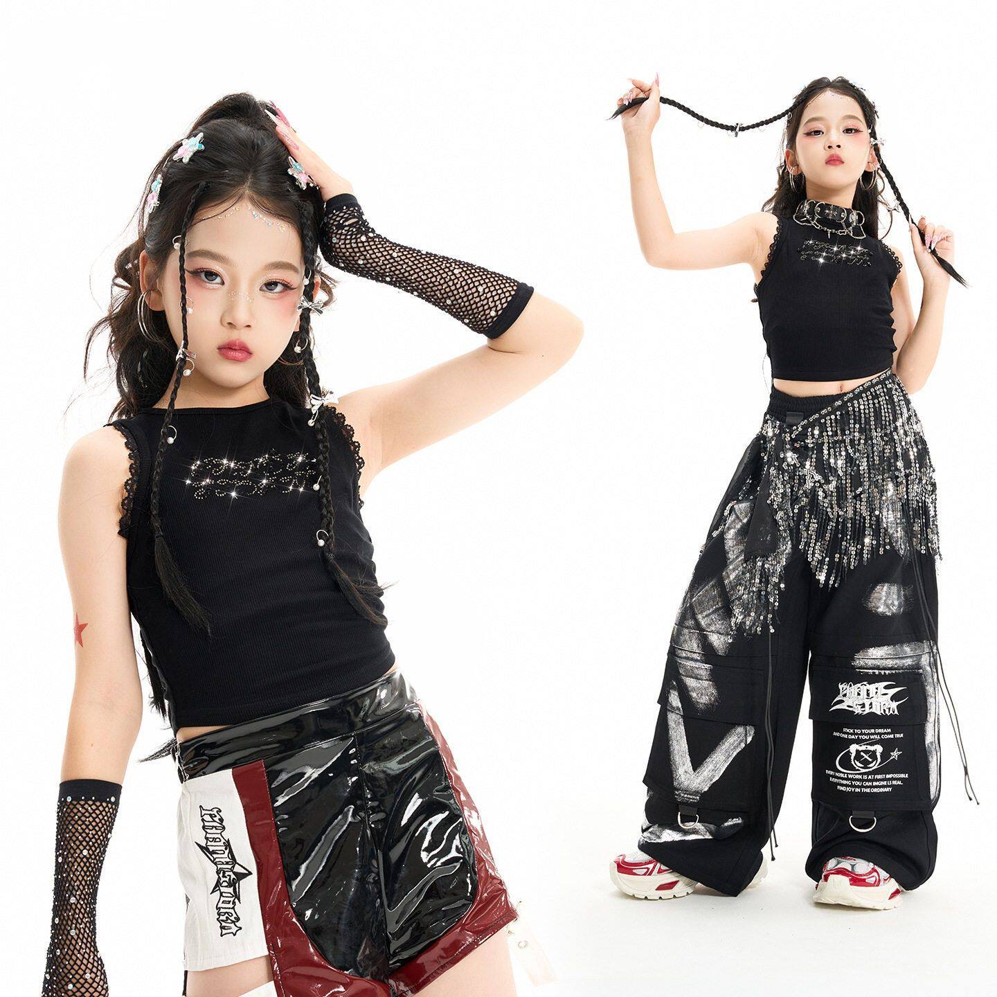 女童爵士舞hiphop潮流亮钻背心长裤套装儿童街舞走秀女团表演出服