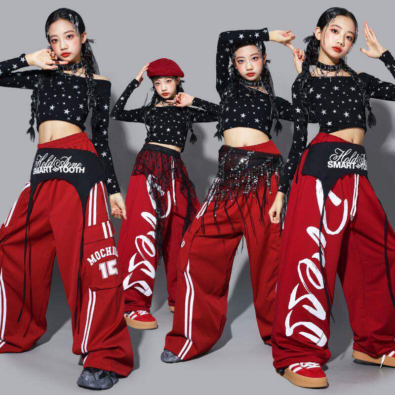 元旦女童jazz红色爵士舞服装少儿练功服套装儿童街舞演出服裤子潮