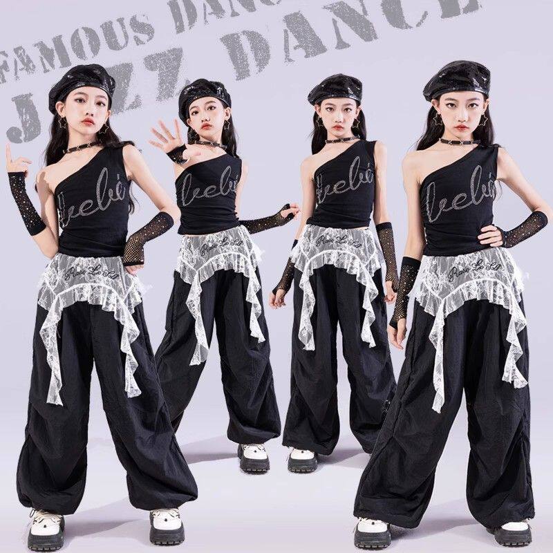 女童爵士舞服装单肩蕾丝弯刀裤jazz舞蹈练功嘻哈街舞hiphop演出服