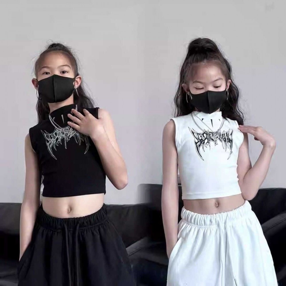 夏季新款童装潮酷女童美式无袖背心少儿街舞爵士舞修身打底上衣