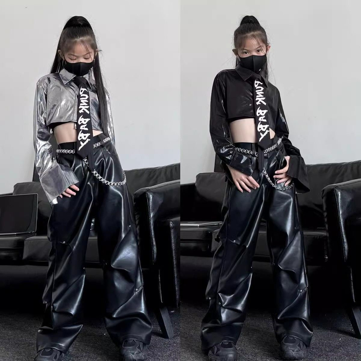 爵士舞服装女童露脐衬衫皮长裤