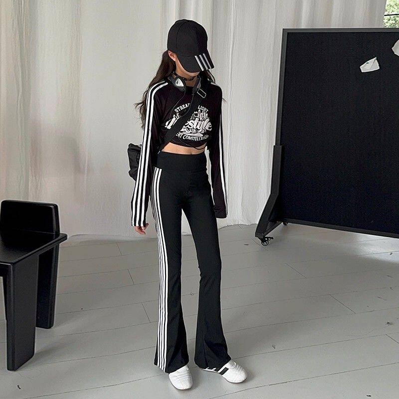 女童拉条休闲套装2025年新款春秋装中大童儿童打底衫喇叭裤两件套