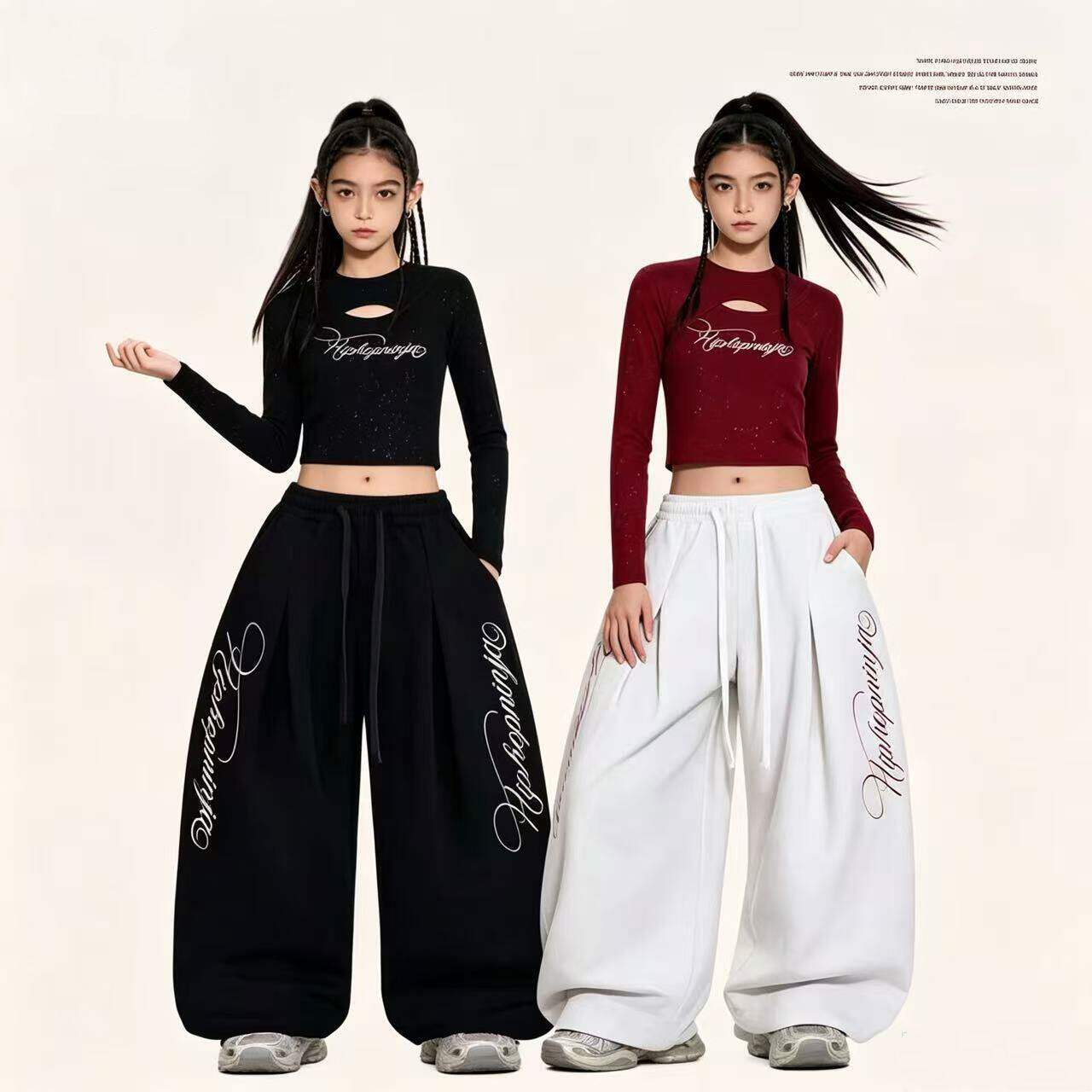 2026潮儿童闪片露腰长袖T恤女童爵士舞休闲运动卫裤表演出服套装