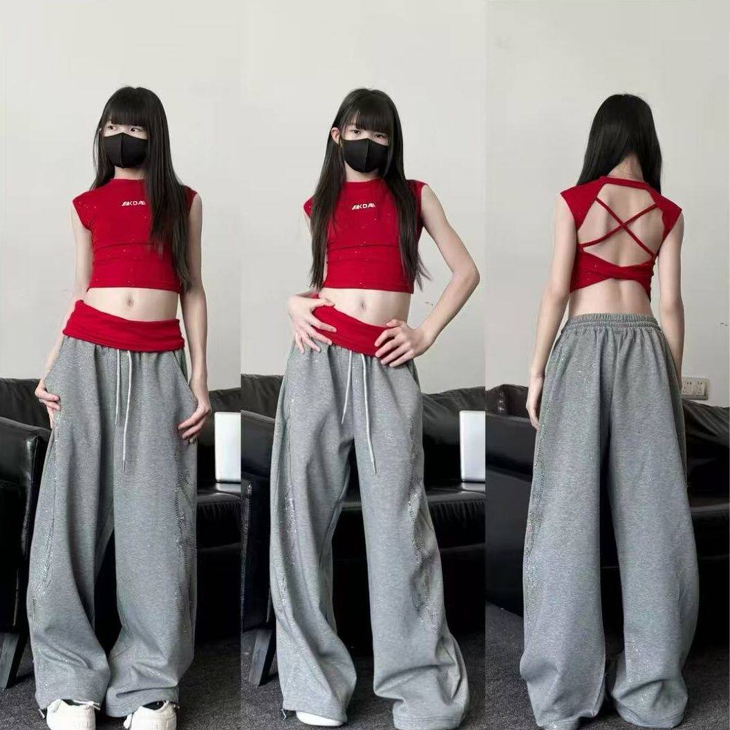 春夏新款童装潮酷女童无袖美背背心闪钻裤子少儿爵士舞演出服套装