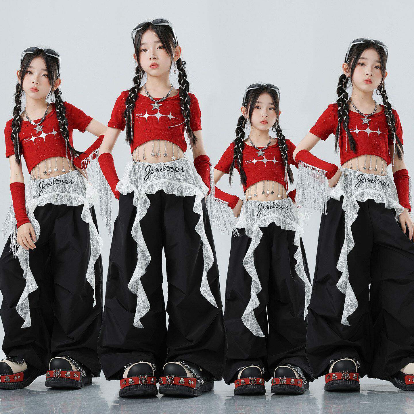 女童爵士舞潮酷时髦走秀演出服装少儿嘻哈JAZZ银色裤子露脐表演服