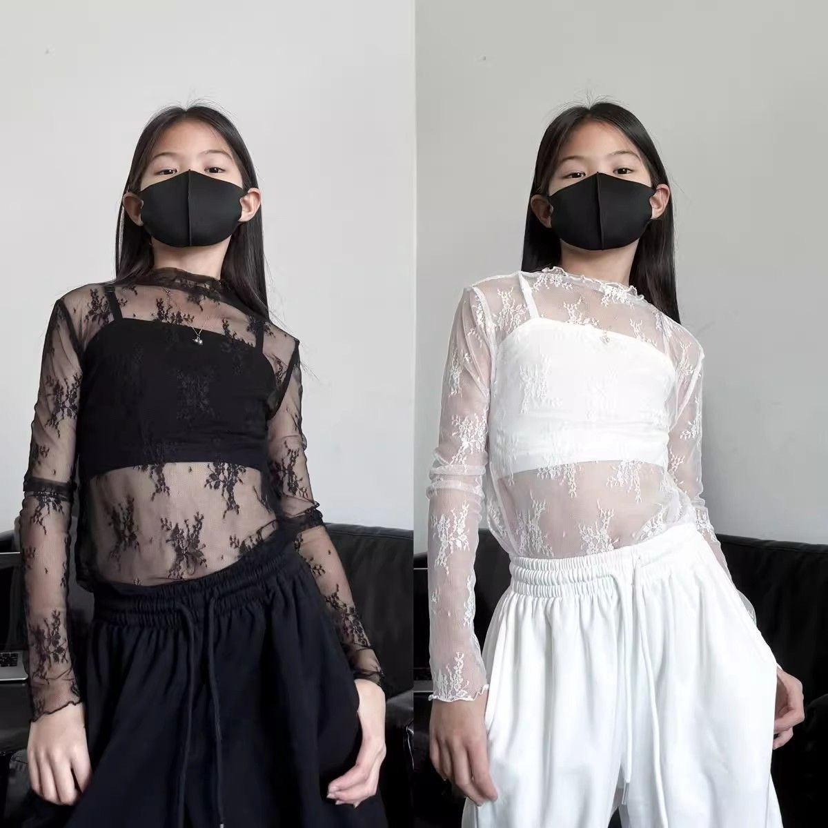 潮酷女童蕾丝打底修身长袖上衣爵