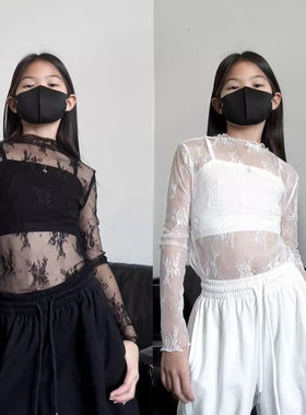 潮酷女童蕾丝打底修身长袖上衣爵