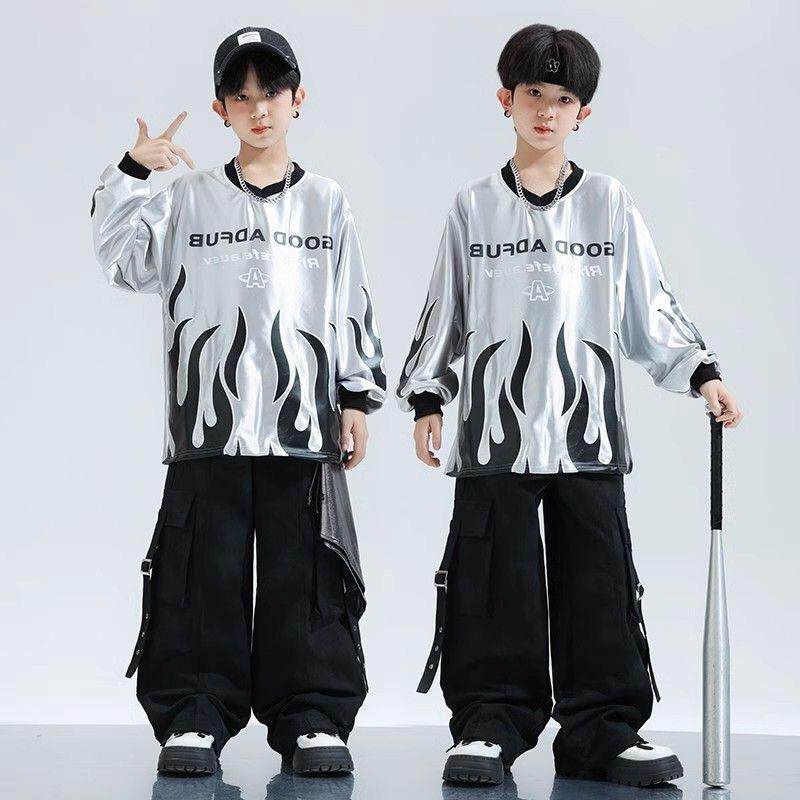 hiphop街舞银色卫衣工装裤套装