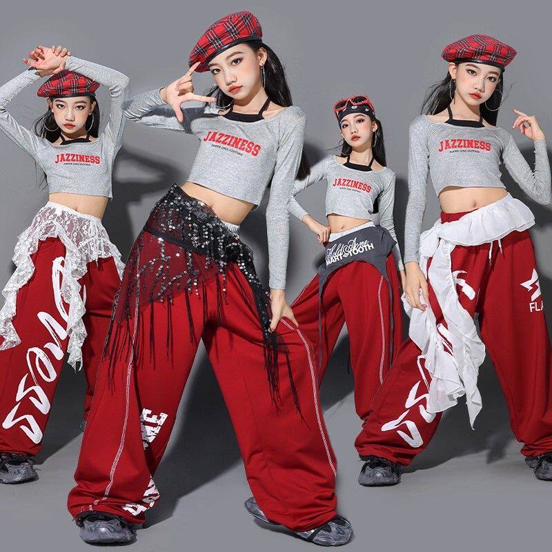 女童红色爵士舞服装少儿jazz练功服上衣儿童街舞演出服少儿裤子潮