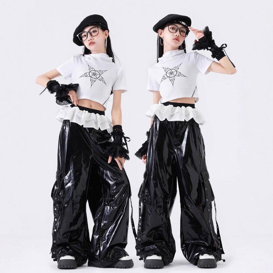 女童爵士舞演出服儿童街舞服装女团练功服女孩走秀皮裤舞台装时髦