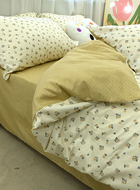 黄色碎花纯棉四件套夏款新款100全棉床单被套宿舍床上三件套用品4