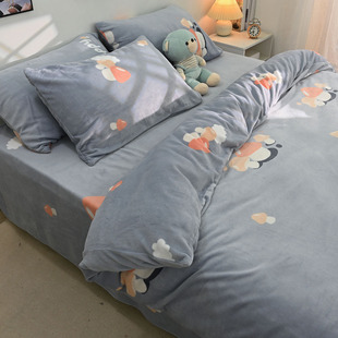 卡通冬天季加厚牛奶绒床上四件套加绒法兰绒被套珊瑚绒床单床笠款